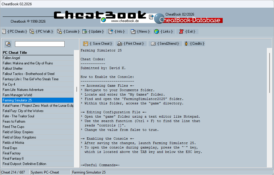CheatBook (02/2026) Screenshot Cheatbook (02/2026) - Issue February 2026, Cheats, Hints, Walkthroughs and Console Cheats