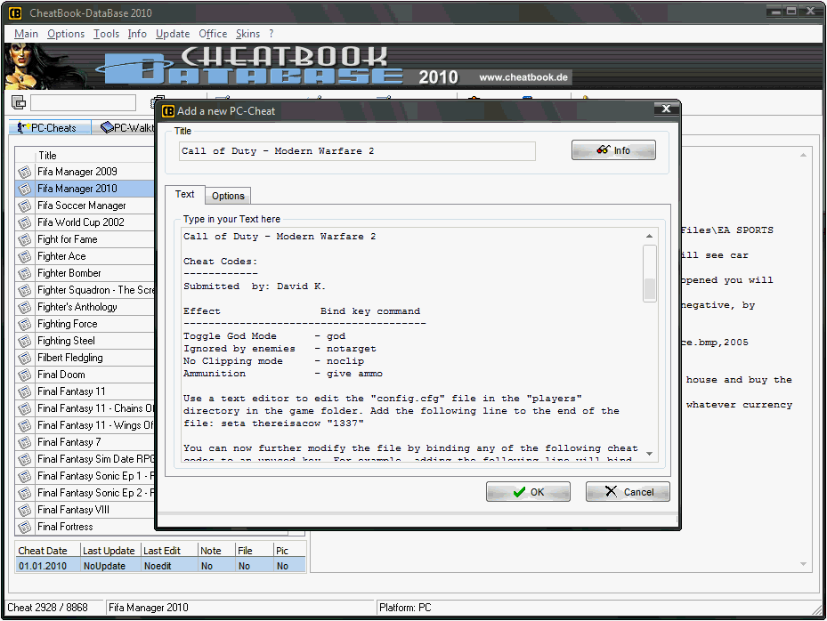 CheatBook-DataBase 2010 Screenshot - Cheats, Walkthroughs and Console Cheats for Games
