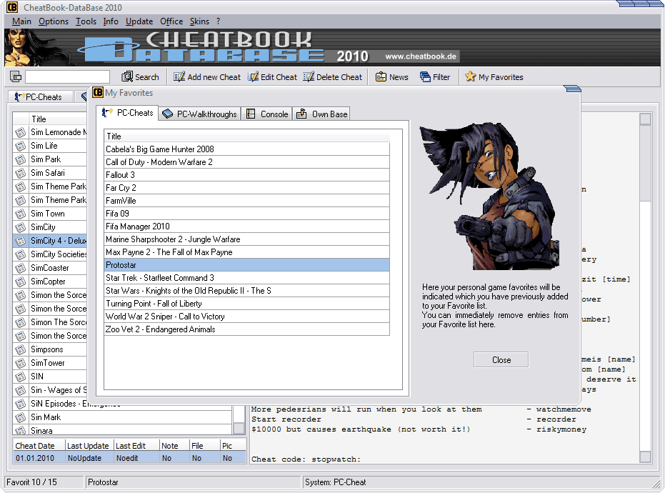 CheatBook-DataBase 2010 Screenshot - Cheats, Walkthroughs and Console Cheats for Games