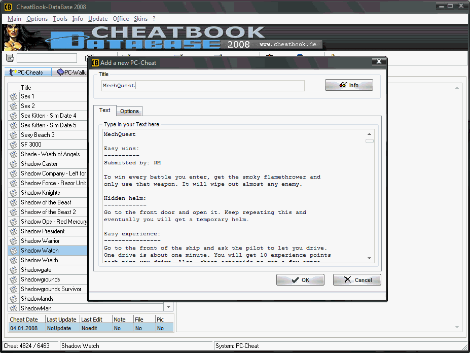 CheatBook-DataBase 2008 Screenshot - Cheats, Walktroughs and Console Cheats for Games