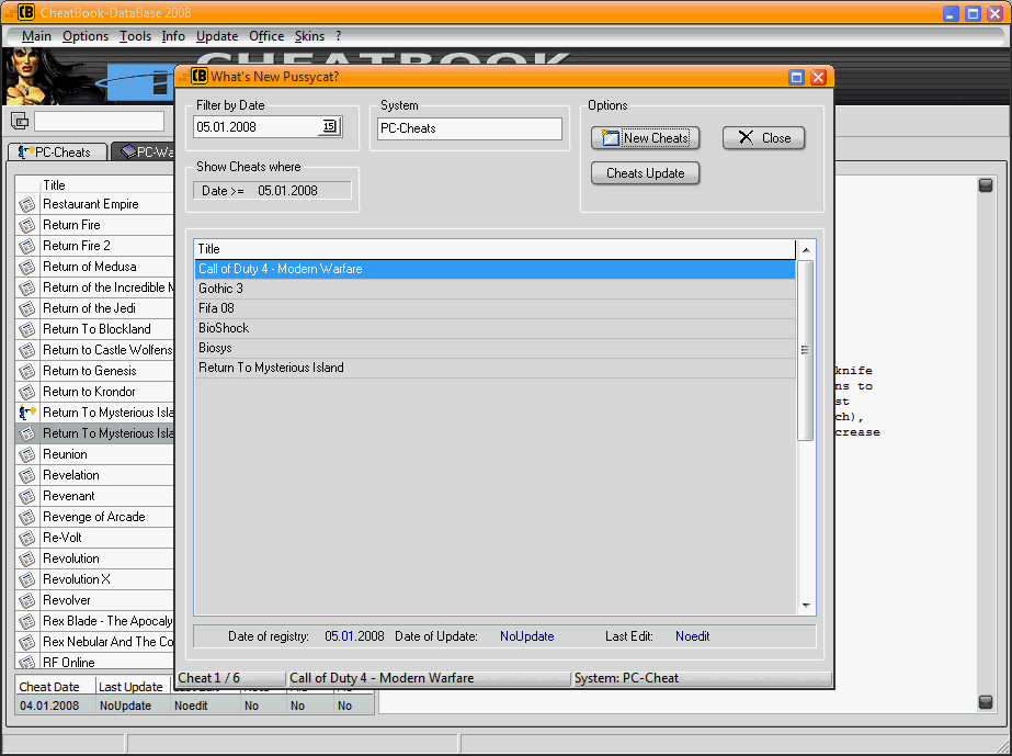 CheatBook-DataBase 2008 Screenshot - Cheats, Walktroughs and Console Cheats for Games