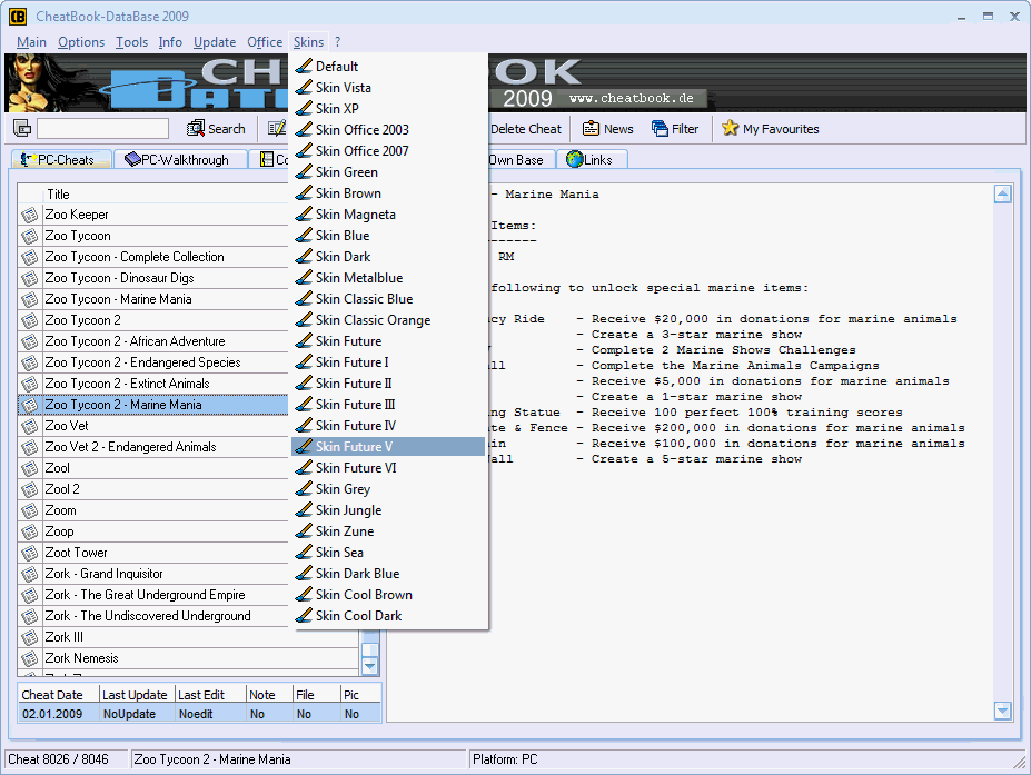 CheatBook-DataBase 2009 Screenshot - Cheats, Walkthroughs and Console Cheats for Games